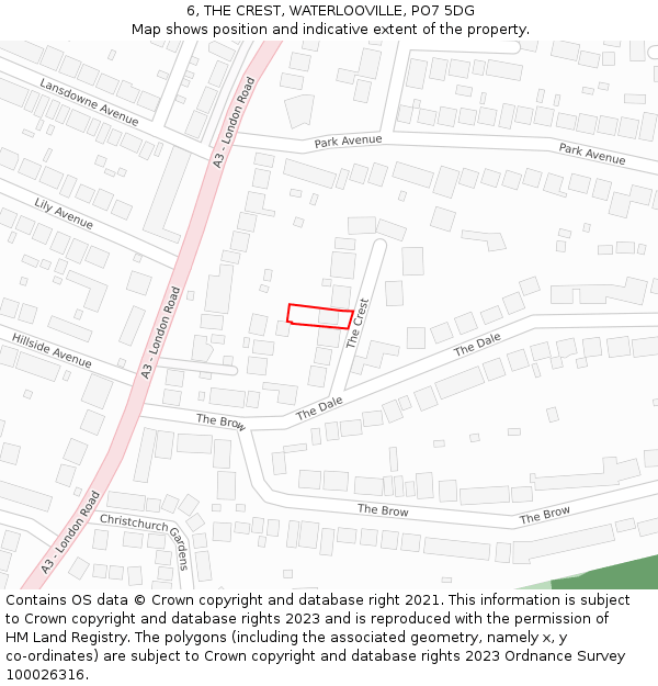 6, THE CREST, WATERLOOVILLE, PO7 5DG: Location map and indicative extent of plot