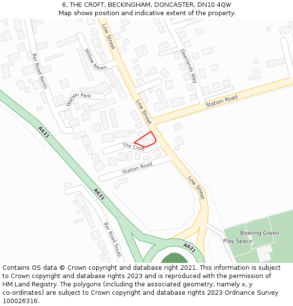 6, THE CROFT, BECKINGHAM, DONCASTER, DN10 4QW: Location map and indicative extent of plot