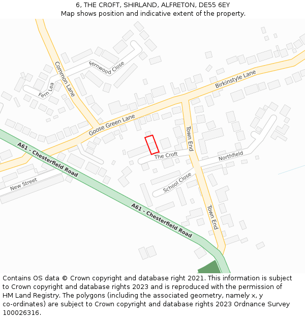 6, THE CROFT, SHIRLAND, ALFRETON, DE55 6EY: Location map and indicative extent of plot