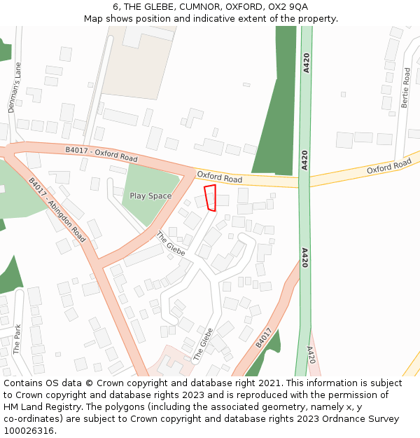 6, THE GLEBE, CUMNOR, OXFORD, OX2 9QA: Location map and indicative extent of plot