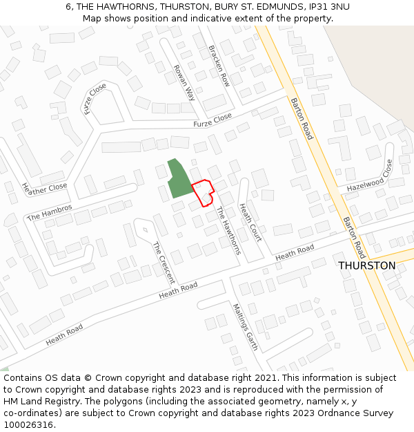 6, THE HAWTHORNS, THURSTON, BURY ST. EDMUNDS, IP31 3NU: Location map and indicative extent of plot