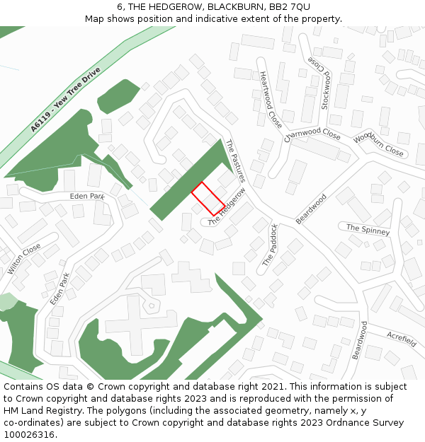 6, THE HEDGEROW, BLACKBURN, BB2 7QU: Location map and indicative extent of plot