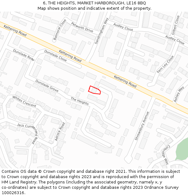 6, THE HEIGHTS, MARKET HARBOROUGH, LE16 8BQ: Location map and indicative extent of plot