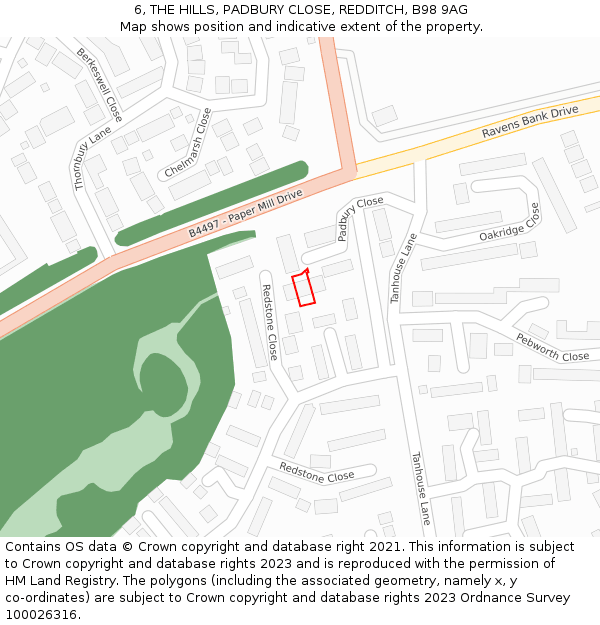 6, THE HILLS, PADBURY CLOSE, REDDITCH, B98 9AG: Location map and indicative extent of plot