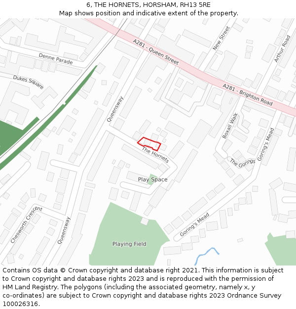 6, THE HORNETS, HORSHAM, RH13 5RE: Location map and indicative extent of plot