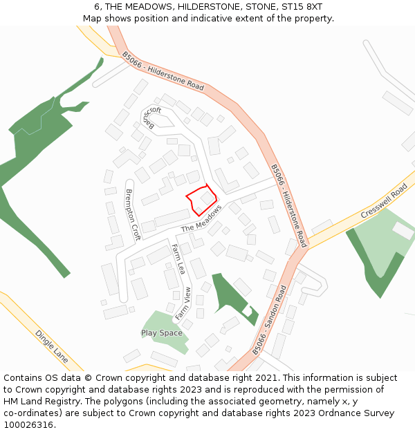6, THE MEADOWS, HILDERSTONE, STONE, ST15 8XT: Location map and indicative extent of plot