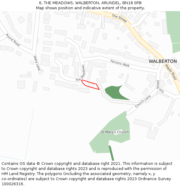 6, THE MEADOWS, WALBERTON, ARUNDEL, BN18 0PB: Location map and indicative extent of plot