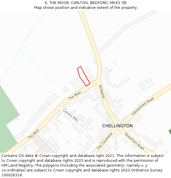 6, THE MOOR, CARLTON, BEDFORD, MK43 7JR: Location map and indicative extent of plot