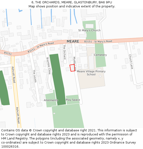 6, THE ORCHARDS, MEARE, GLASTONBURY, BA6 9PU: Location map and indicative extent of plot