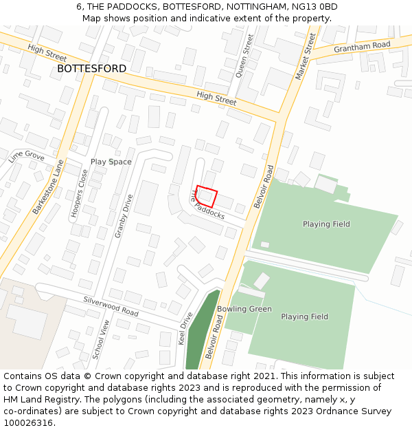 6, THE PADDOCKS, BOTTESFORD, NOTTINGHAM, NG13 0BD: Location map and indicative extent of plot