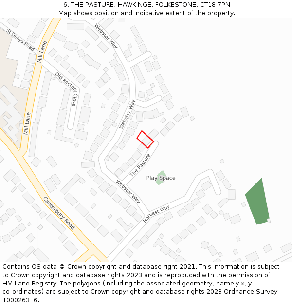 6, THE PASTURE, HAWKINGE, FOLKESTONE, CT18 7PN: Location map and indicative extent of plot