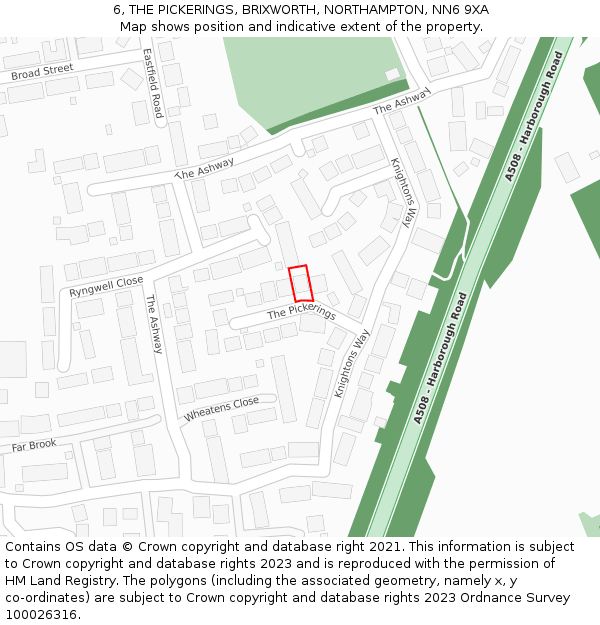 6, THE PICKERINGS, BRIXWORTH, NORTHAMPTON, NN6 9XA: Location map and indicative extent of plot