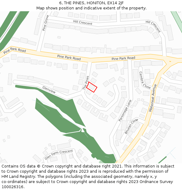6, THE PINES, HONITON, EX14 2JF: Location map and indicative extent of plot