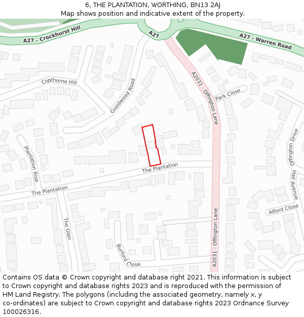6, THE PLANTATION, WORTHING, BN13 2AJ: Location map and indicative extent of plot