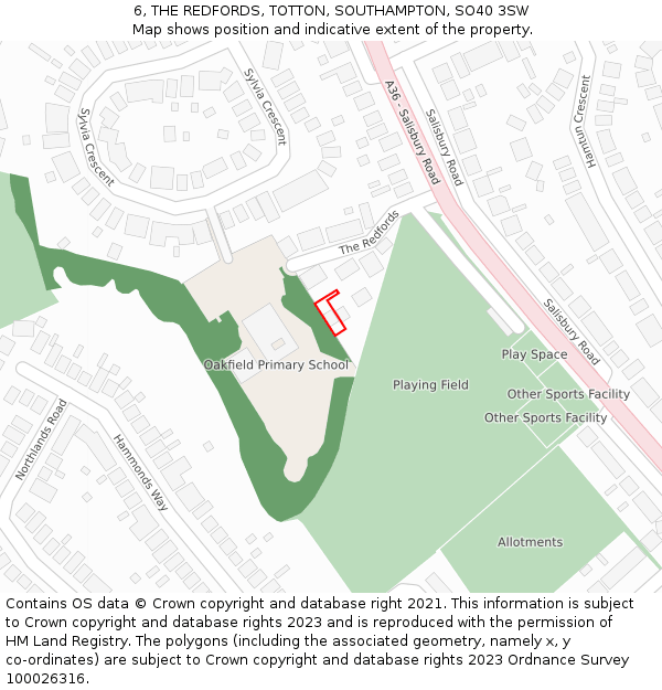 6, THE REDFORDS, TOTTON, SOUTHAMPTON, SO40 3SW: Location map and indicative extent of plot