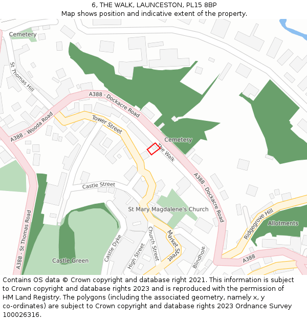 6, THE WALK, LAUNCESTON, PL15 8BP: Location map and indicative extent of plot