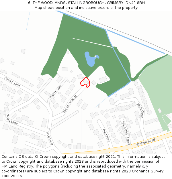 6, THE WOODLANDS, STALLINGBOROUGH, GRIMSBY, DN41 8BH: Location map and indicative extent of plot