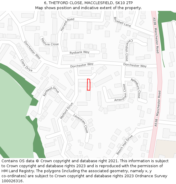 6, THETFORD CLOSE, MACCLESFIELD, SK10 2TP: Location map and indicative extent of plot