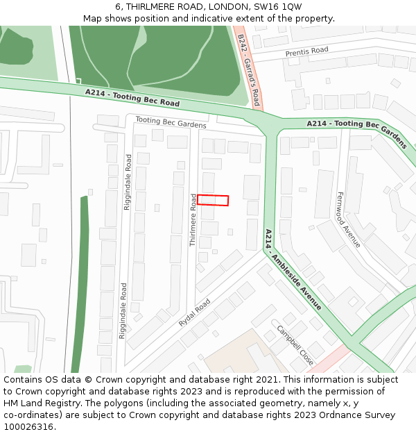 6, THIRLMERE ROAD, LONDON, SW16 1QW: Location map and indicative extent of plot