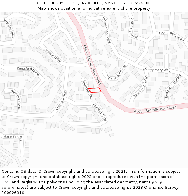 6, THORESBY CLOSE, RADCLIFFE, MANCHESTER, M26 3XE: Location map and indicative extent of plot