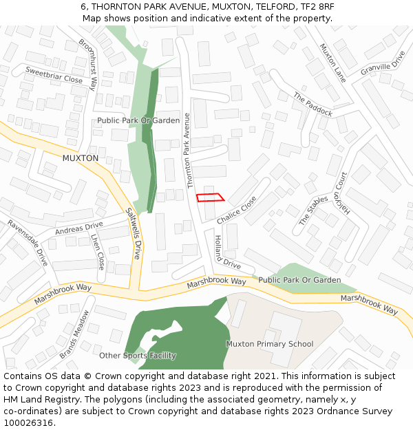 6, THORNTON PARK AVENUE, MUXTON, TELFORD, TF2 8RF: Location map and indicative extent of plot
