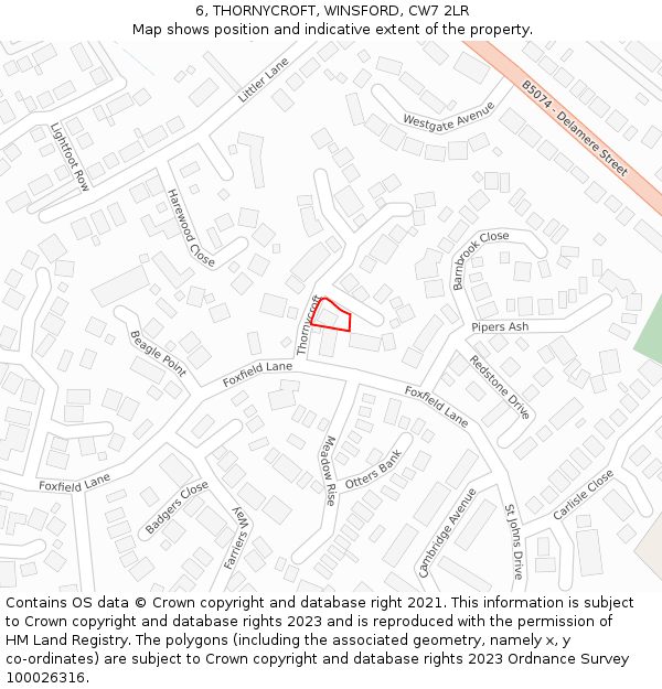 6, THORNYCROFT, WINSFORD, CW7 2LR: Location map and indicative extent of plot