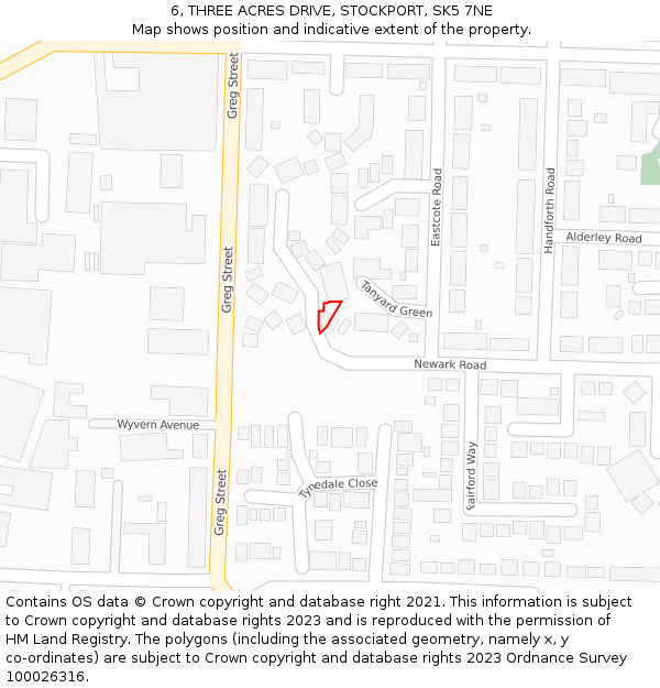 6, THREE ACRES DRIVE, STOCKPORT, SK5 7NE: Location map and indicative extent of plot