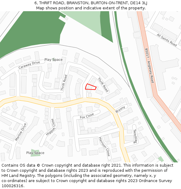 6, THRIFT ROAD, BRANSTON, BURTON-ON-TRENT, DE14 3LJ: Location map and indicative extent of plot