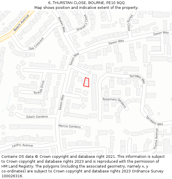 6, THURSTAN CLOSE, BOURNE, PE10 9QQ: Location map and indicative extent of plot