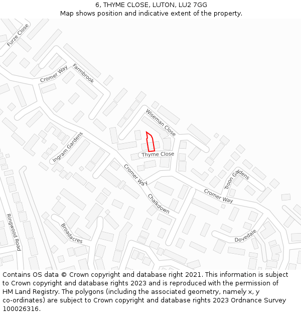 6, THYME CLOSE, LUTON, LU2 7GG: Location map and indicative extent of plot