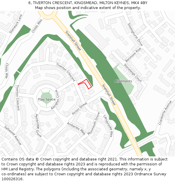 6, TIVERTON CRESCENT, KINGSMEAD, MILTON KEYNES, MK4 4BY: Location map and indicative extent of plot