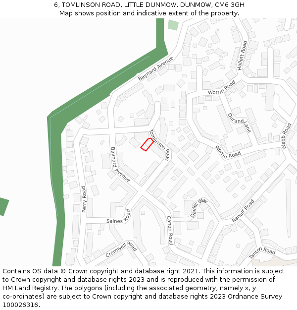 6, TOMLINSON ROAD, LITTLE DUNMOW, DUNMOW, CM6 3GH: Location map and indicative extent of plot