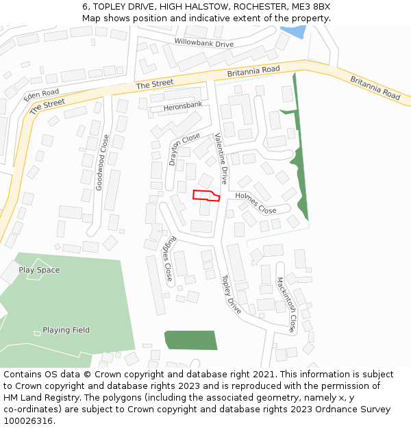 6, TOPLEY DRIVE, HIGH HALSTOW, ROCHESTER, ME3 8BX: Location map and indicative extent of plot