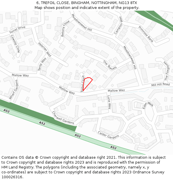 6, TREFOIL CLOSE, BINGHAM, NOTTINGHAM, NG13 8TX: Location map and indicative extent of plot