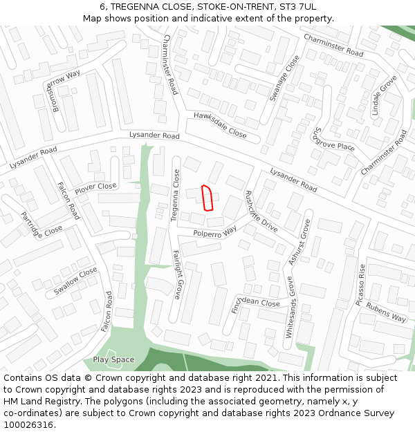 6, TREGENNA CLOSE, STOKE-ON-TRENT, ST3 7UL: Location map and indicative extent of plot