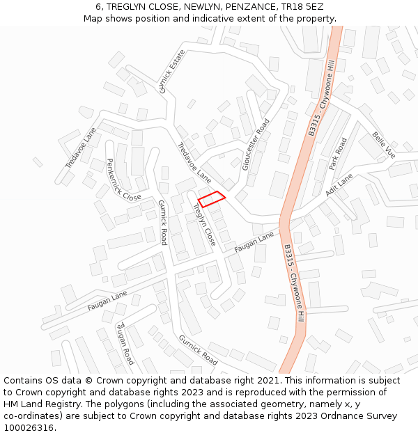 6, TREGLYN CLOSE, NEWLYN, PENZANCE, TR18 5EZ: Location map and indicative extent of plot