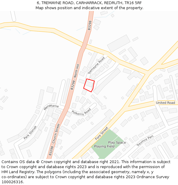 6, TREMAYNE ROAD, CARHARRACK, REDRUTH, TR16 5RF: Location map and indicative extent of plot