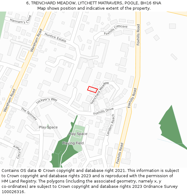 6, TRENCHARD MEADOW, LYTCHETT MATRAVERS, POOLE, BH16 6NA: Location map and indicative extent of plot