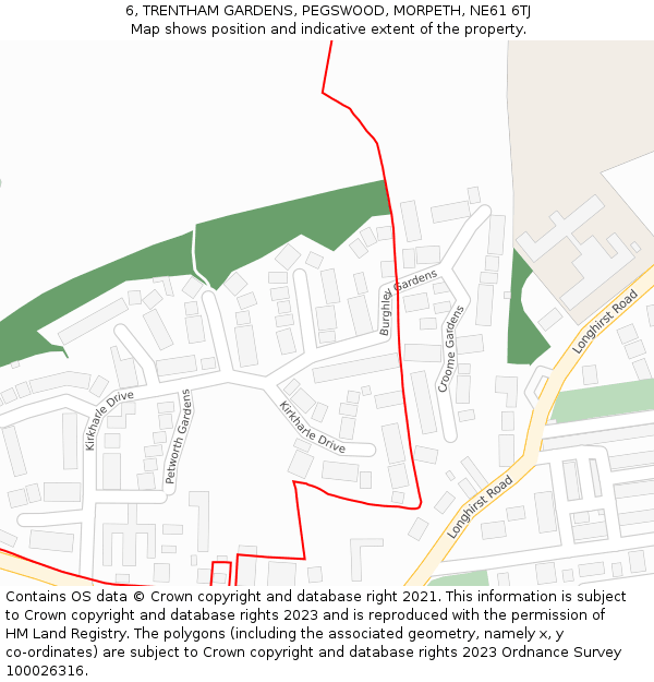 6, TRENTHAM GARDENS, PEGSWOOD, MORPETH, NE61 6TJ: Location map and indicative extent of plot