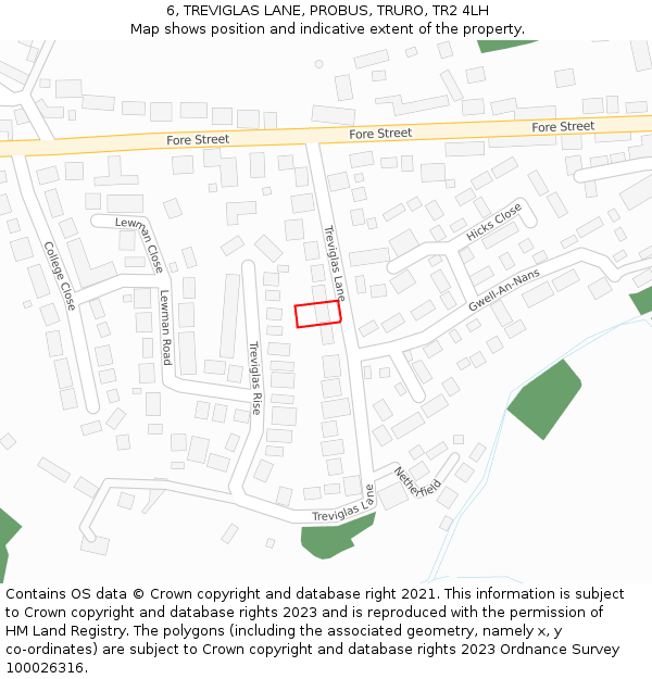 6, TREVIGLAS LANE, PROBUS, TRURO, TR2 4LH: Location map and indicative extent of plot