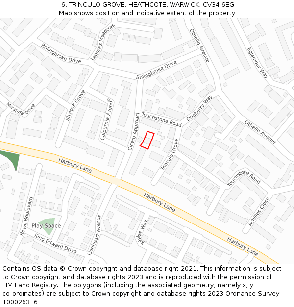 6, TRINCULO GROVE, HEATHCOTE, WARWICK, CV34 6EG: Location map and indicative extent of plot