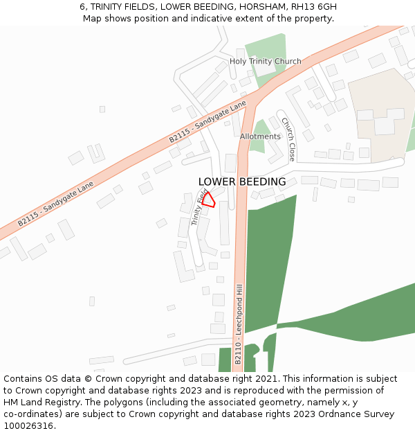 6, TRINITY FIELDS, LOWER BEEDING, HORSHAM, RH13 6GH: Location map and indicative extent of plot