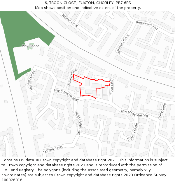 6, TROON CLOSE, EUXTON, CHORLEY, PR7 6FS: Location map and indicative extent of plot