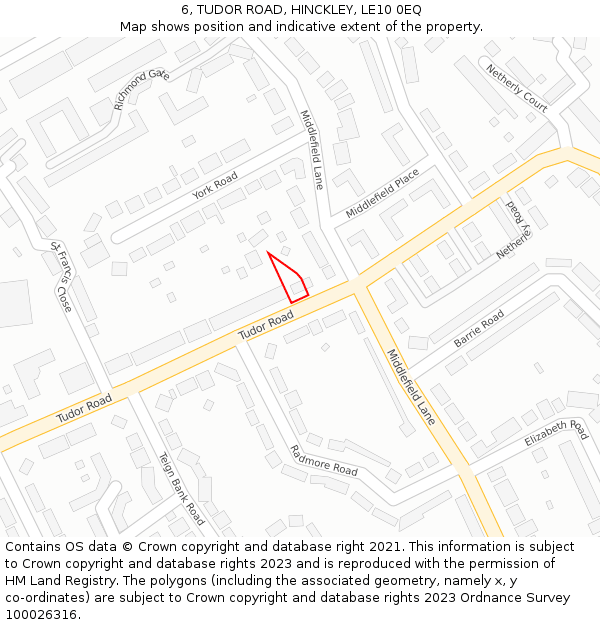 6, TUDOR ROAD, HINCKLEY, LE10 0EQ: Location map and indicative extent of plot