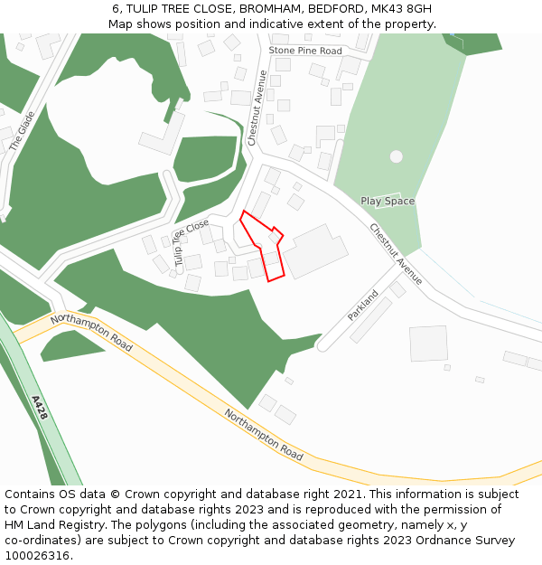 6, TULIP TREE CLOSE, BROMHAM, BEDFORD, MK43 8GH: Location map and indicative extent of plot