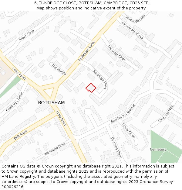 6, TUNBRIDGE CLOSE, BOTTISHAM, CAMBRIDGE, CB25 9EB: Location map and indicative extent of plot