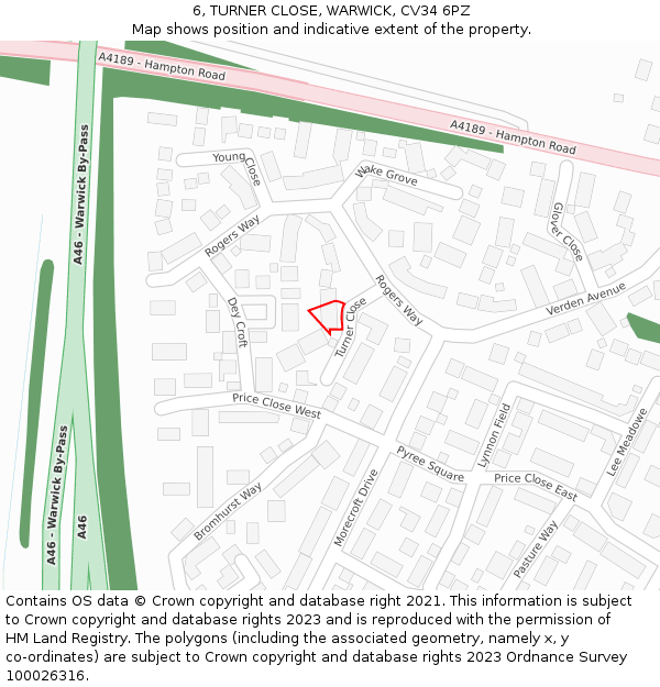 6, TURNER CLOSE, WARWICK, CV34 6PZ: Location map and indicative extent of plot