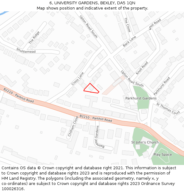 6, UNIVERSITY GARDENS, BEXLEY, DA5 1QN: Location map and indicative extent of plot