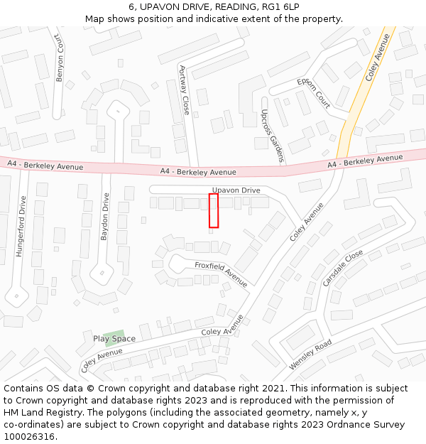 6, UPAVON DRIVE, READING, RG1 6LP: Location map and indicative extent of plot