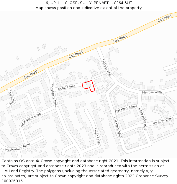 6, UPHILL CLOSE, SULLY, PENARTH, CF64 5UT: Location map and indicative extent of plot